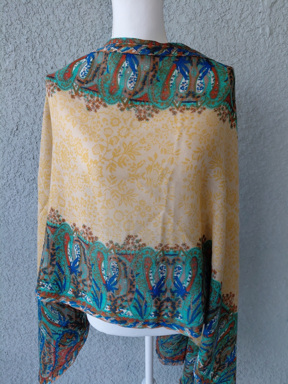 Lucky Brand  Wool Boho Paisley Scarf Wrap Yellow Teal Blue Lightweight Fringe